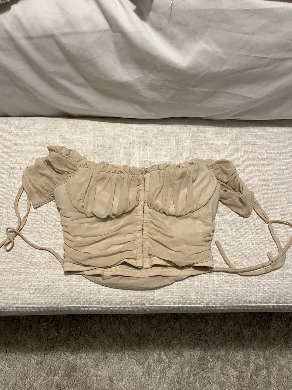 Ruched Off-Shoulder Crop Top in Beige
